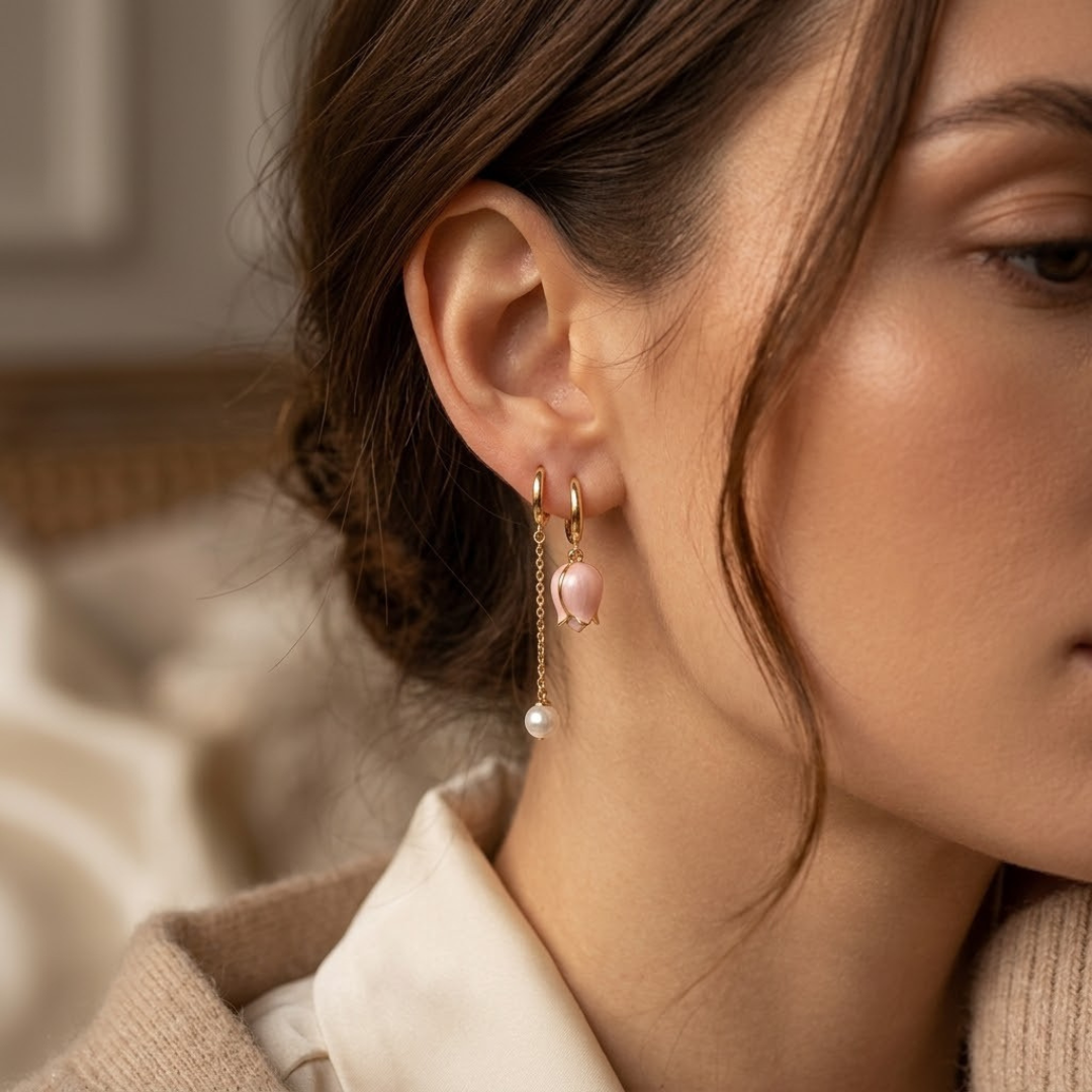Pendientes Colgantes Florales de Perla en Oro