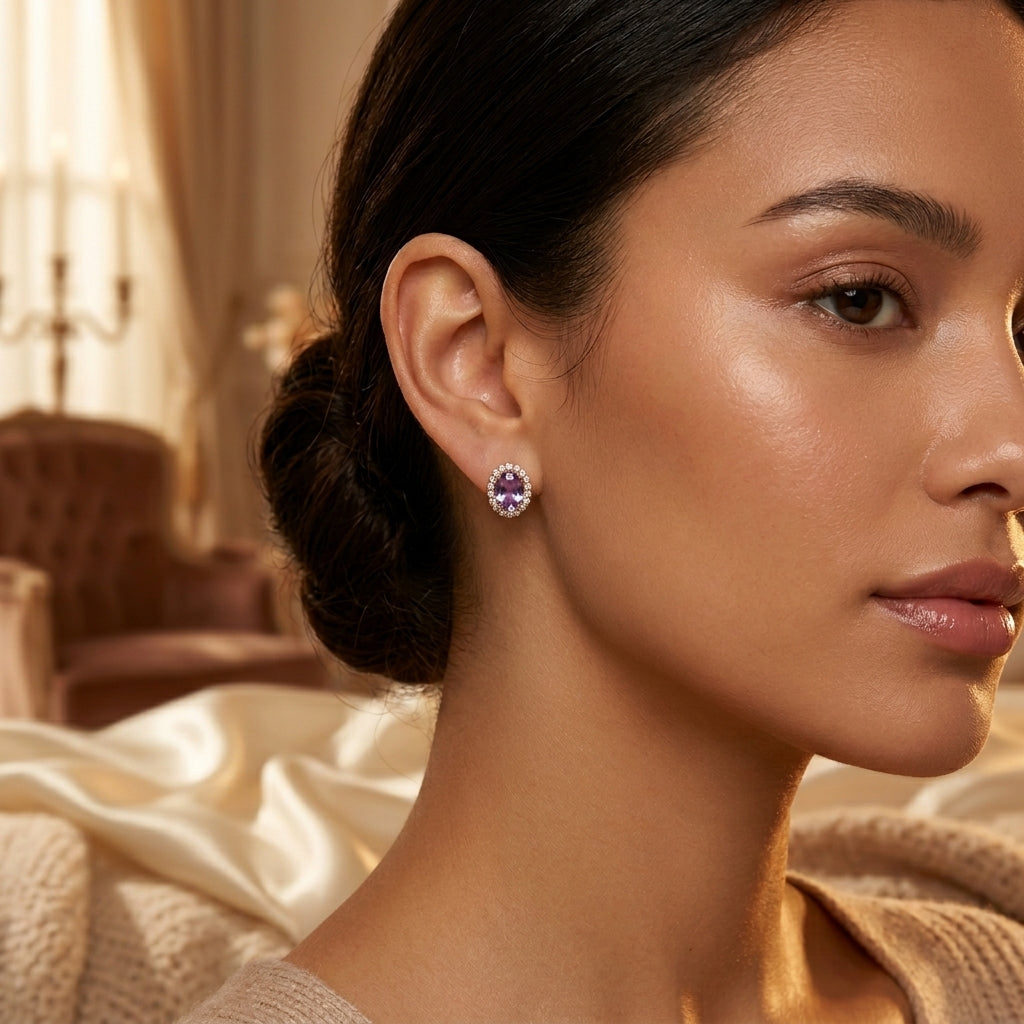 Pendientes Halo de Amatista en Oro