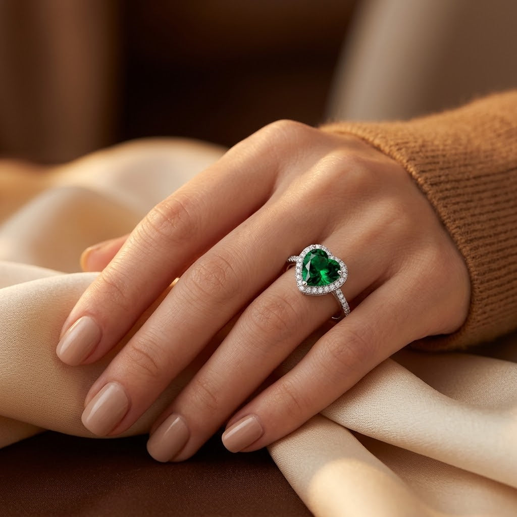 Anillo Halo Corazón de Esmeralda en Plata