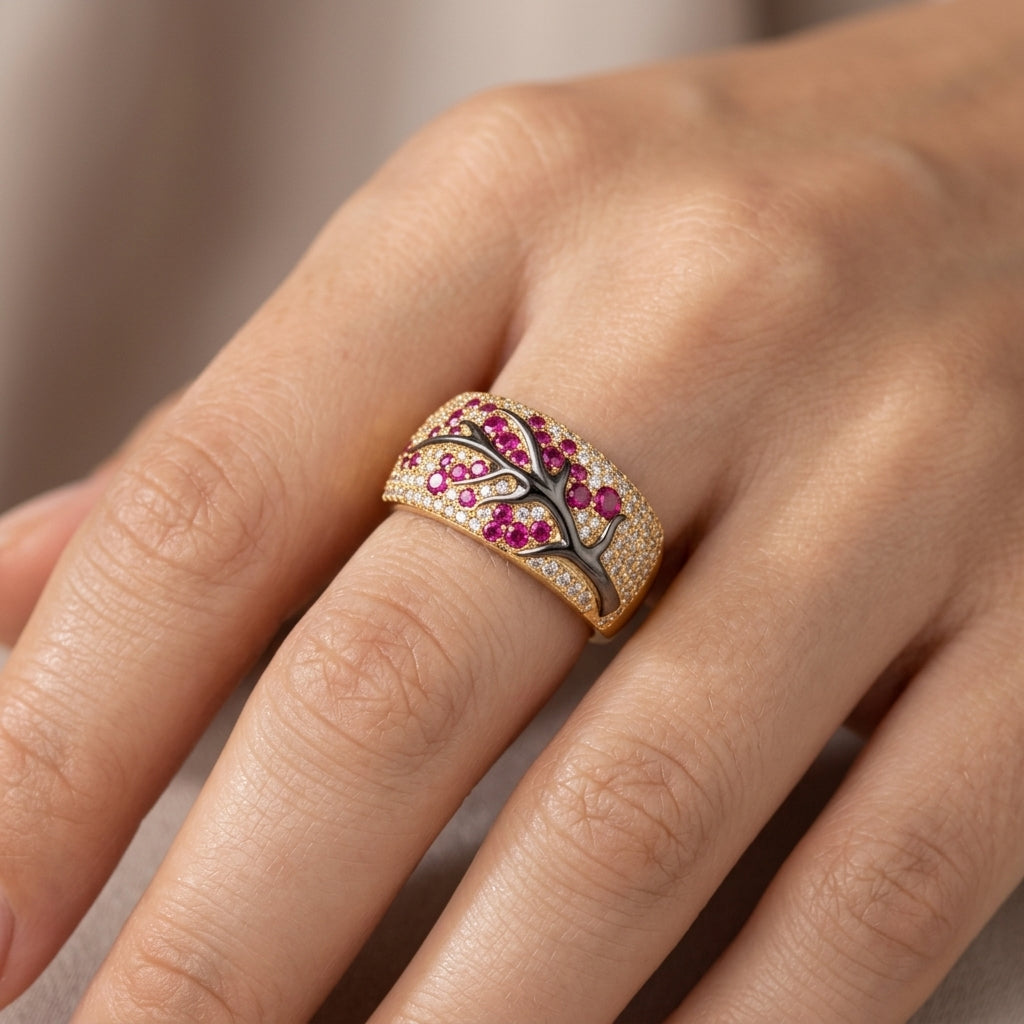 Anillo Árbol de Flores de Rubí | Oro Blanco