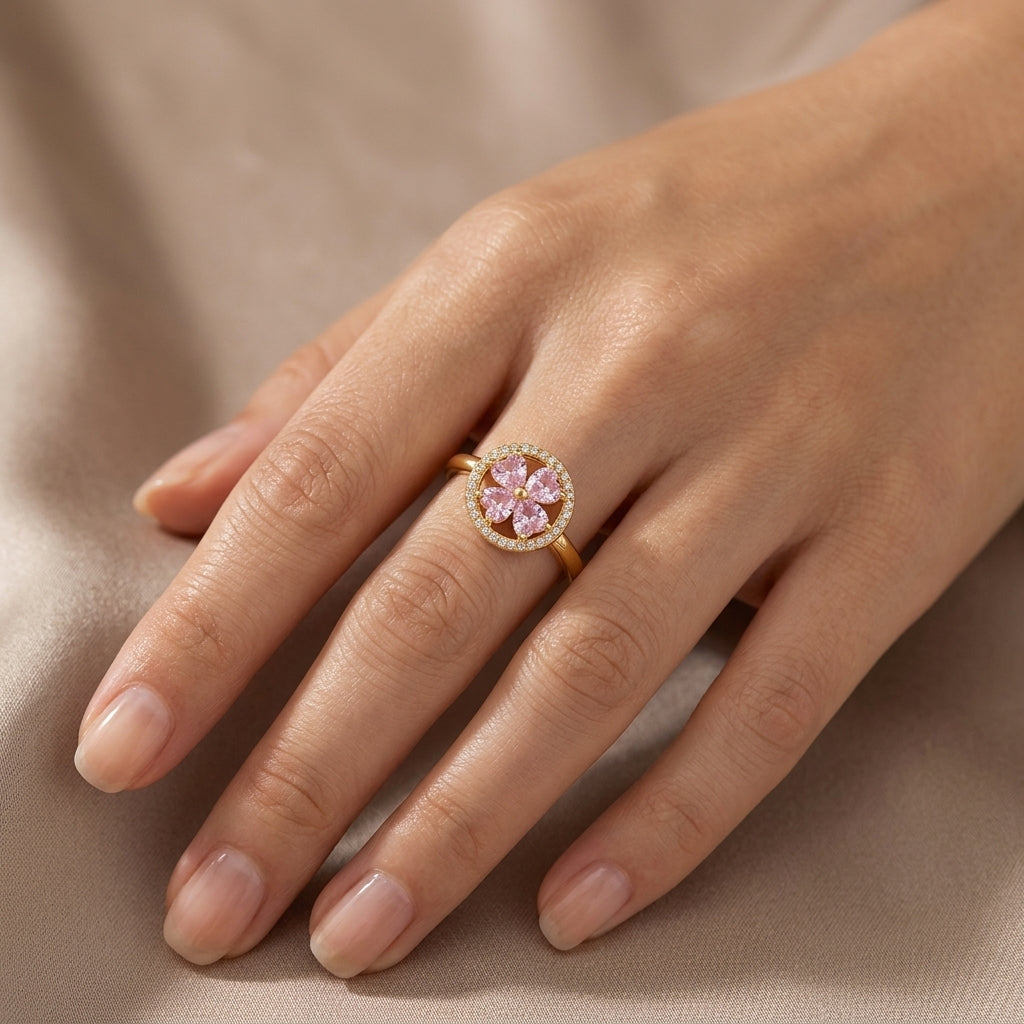 Anillo Giratorio Floración de Corazón Rosa | Oro