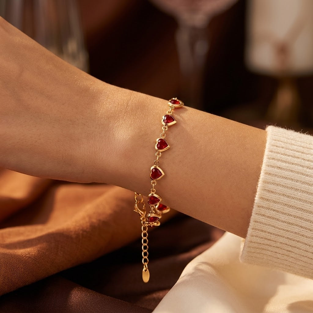 Pulsera Cadena Corazón de Rubí en Oro