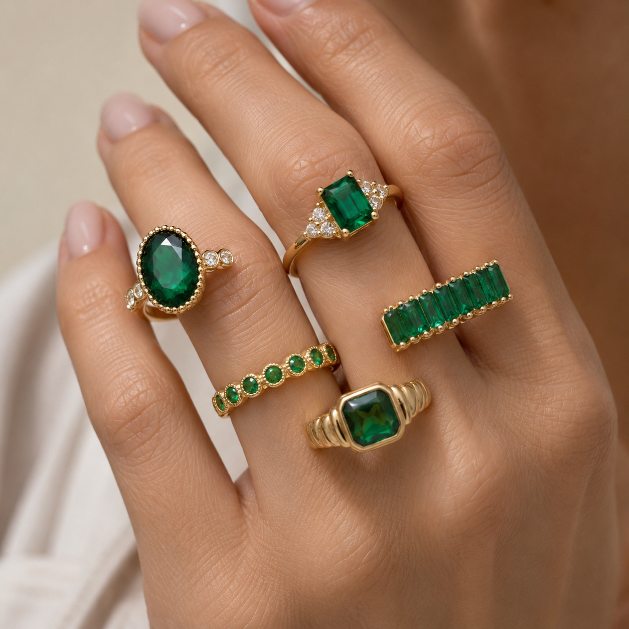 Zarina Set de Anillos de Esmeralda Exquisito | Oro