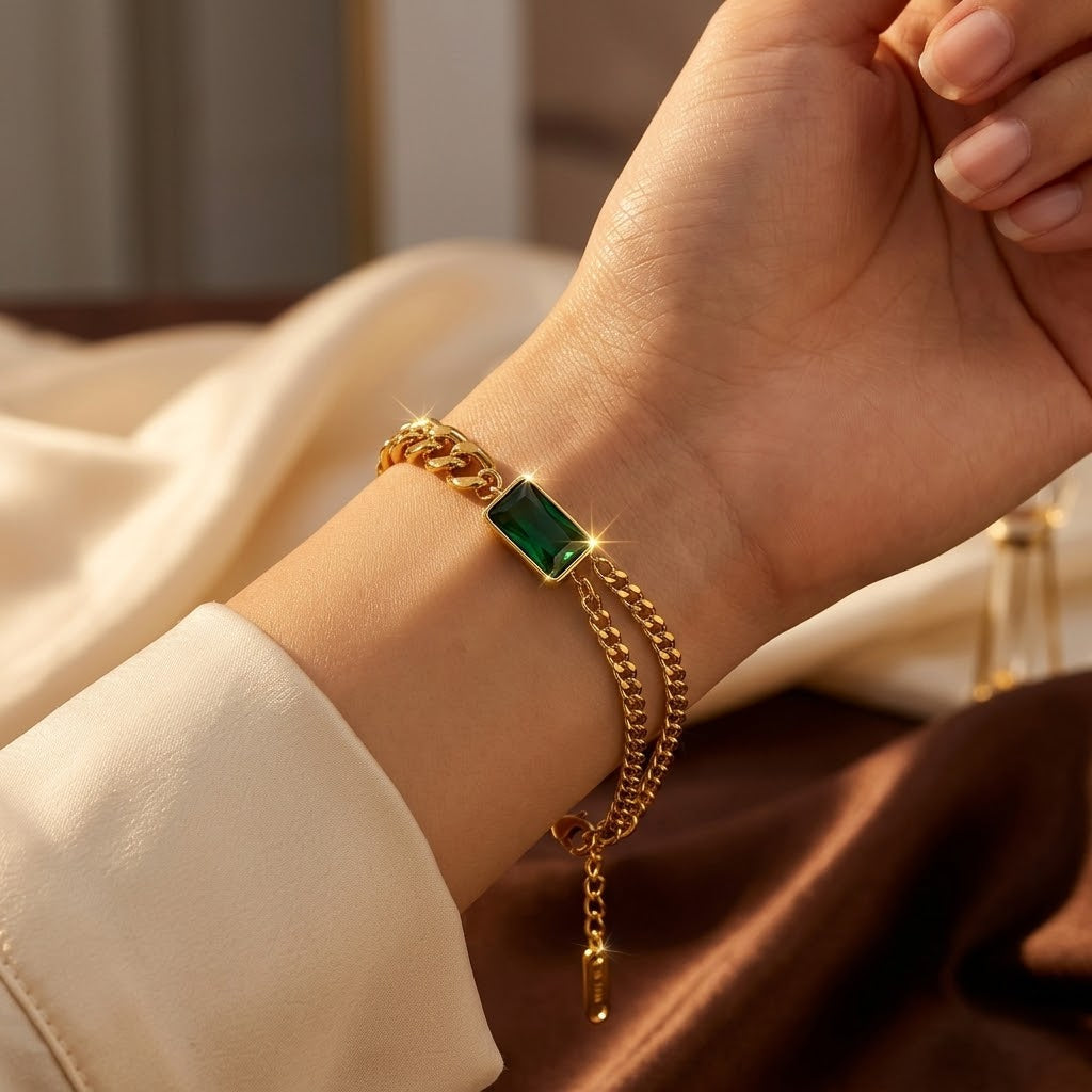 Pulsera Cadena Barra de Esmeralda en Oro