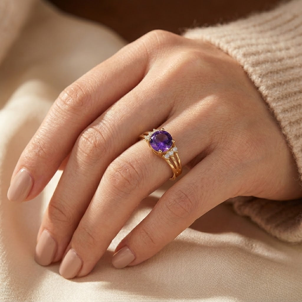 Anillo de Montura Dividida de Amatista en Oro