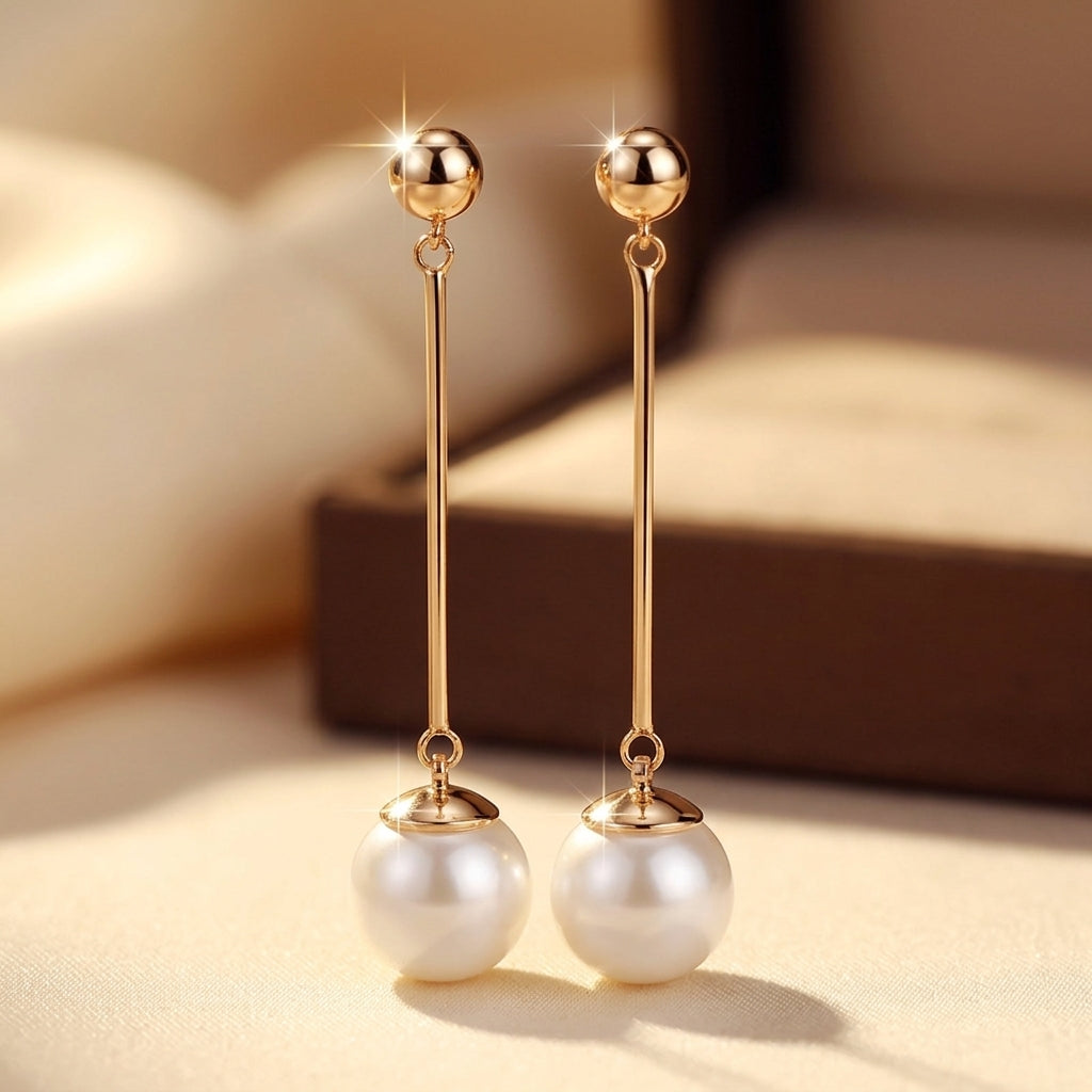 Pendientes Largos Colgantes de Perla en Oro