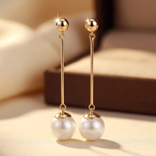 Pendientes Largos Colgantes de Perla en Oro