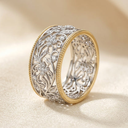 Anillo Banda Ornamentada Plata y Oro