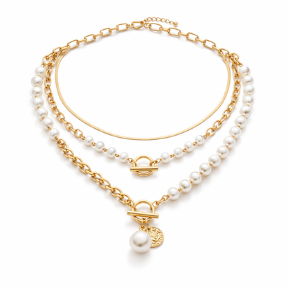 Set de Collar de Cadena Serpiente con Perla Estilo Retro | Oro