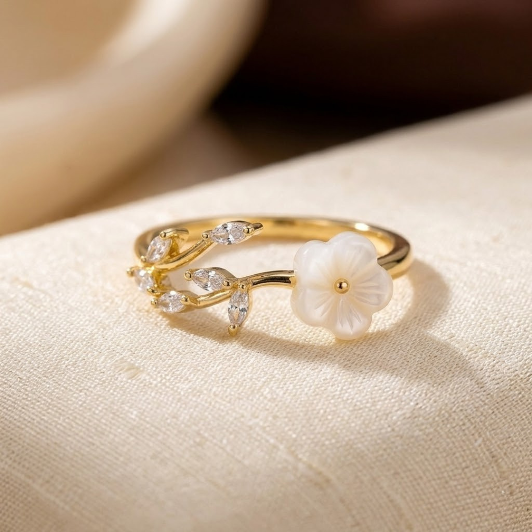 Anillo Abierto Floral y Hoja en Oro