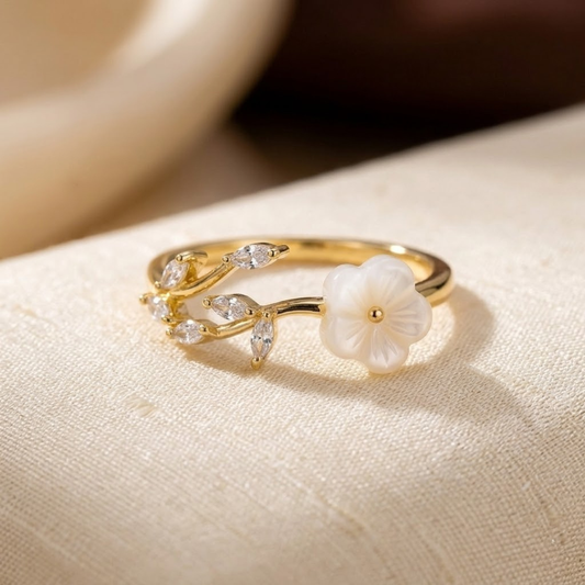Anillo Abierto Floral y Hoja en Oro