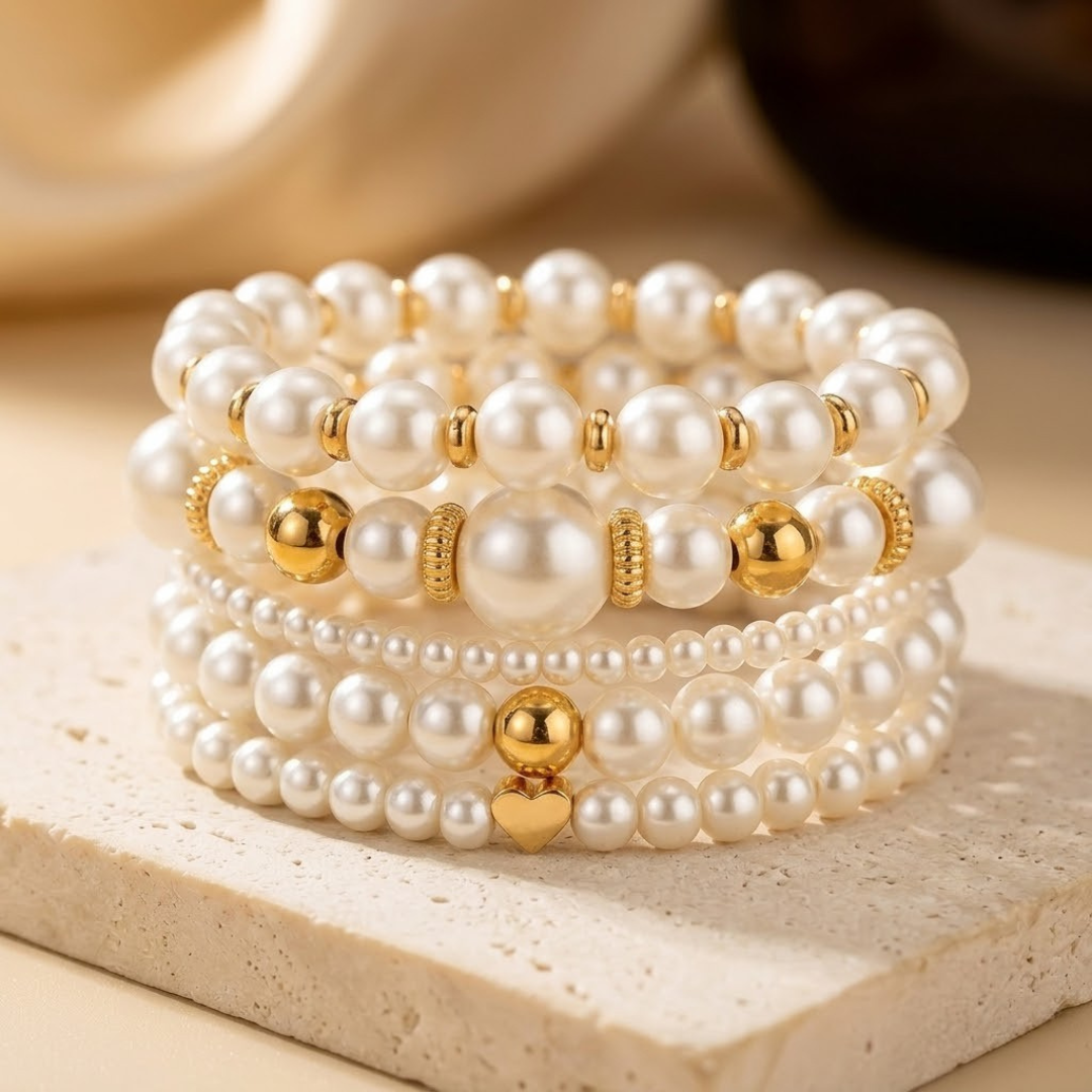 Set de Pulseras de Perlas Engarzadas en Oro