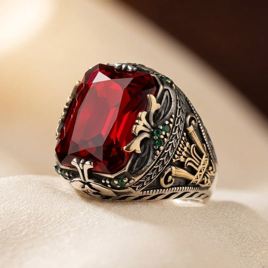 Anillo Sello Ornamentado de Rubí en Plata