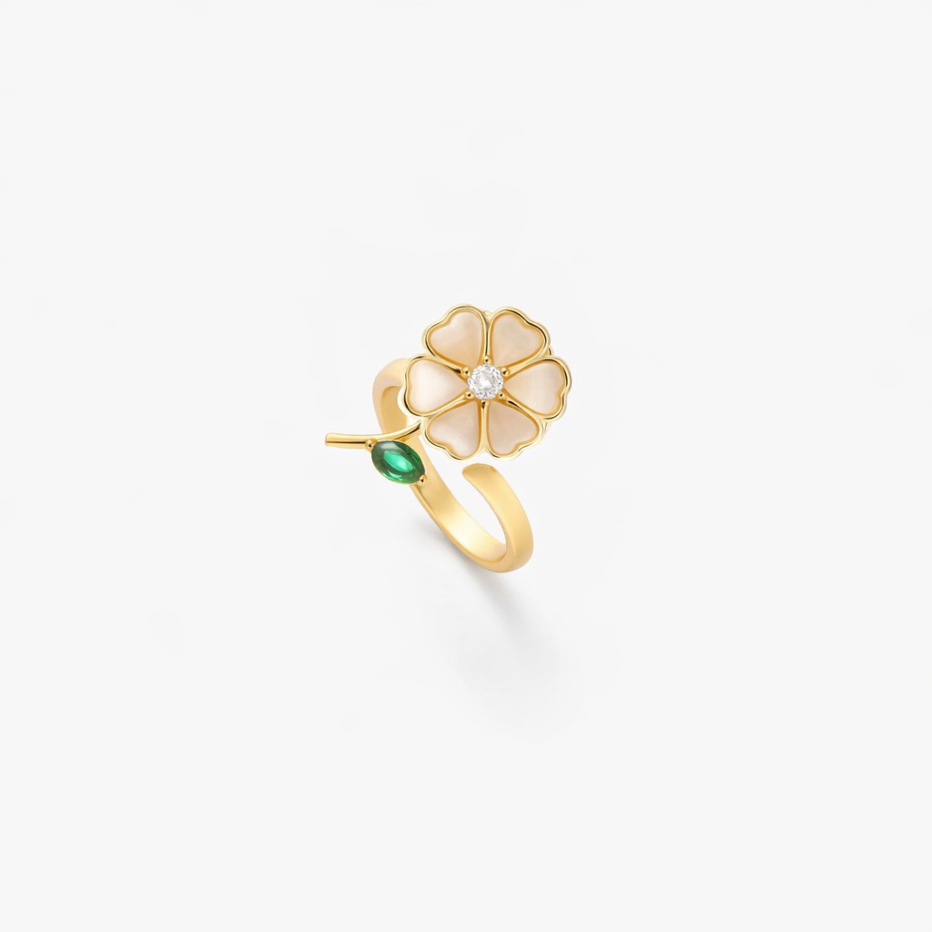 Anillo Giratorio Flor y Hoja Esmeralda | Oro