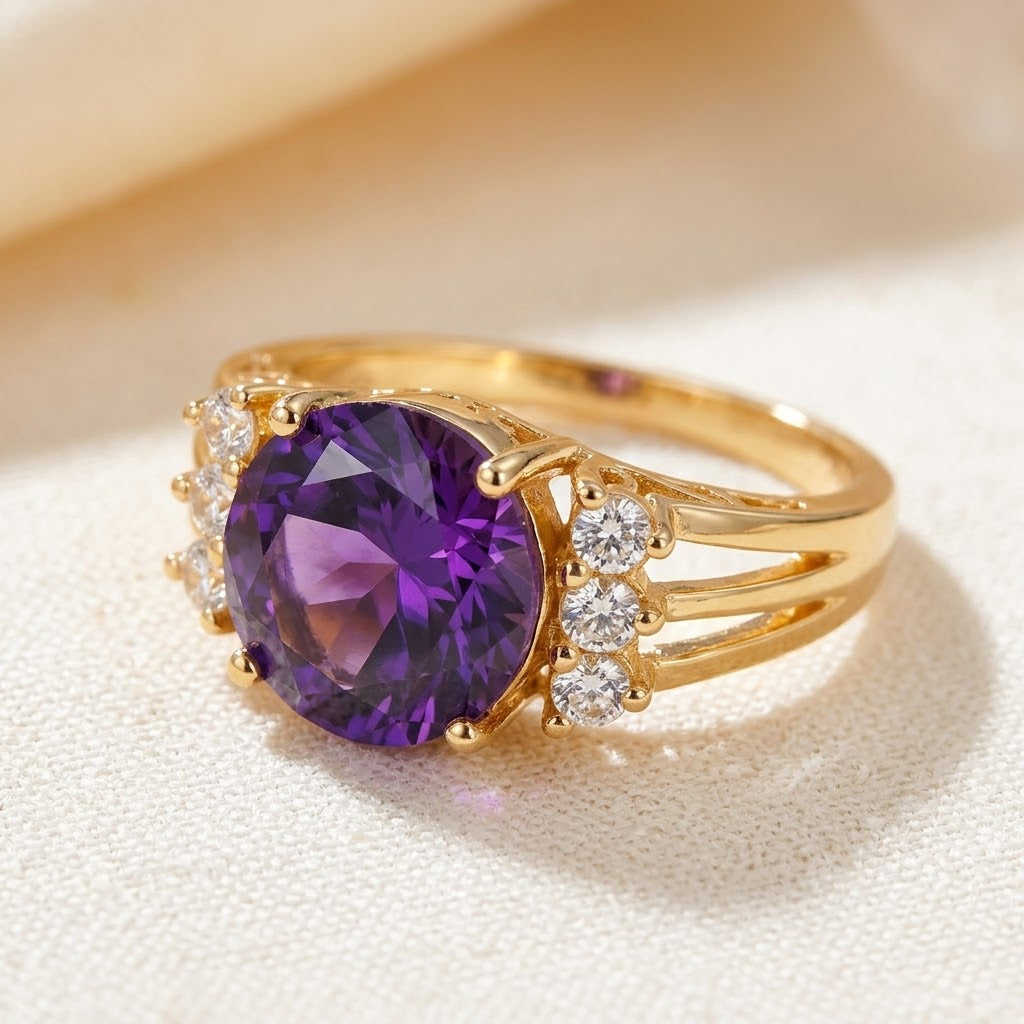 Anillo de Montura Dividida de Amatista en Oro