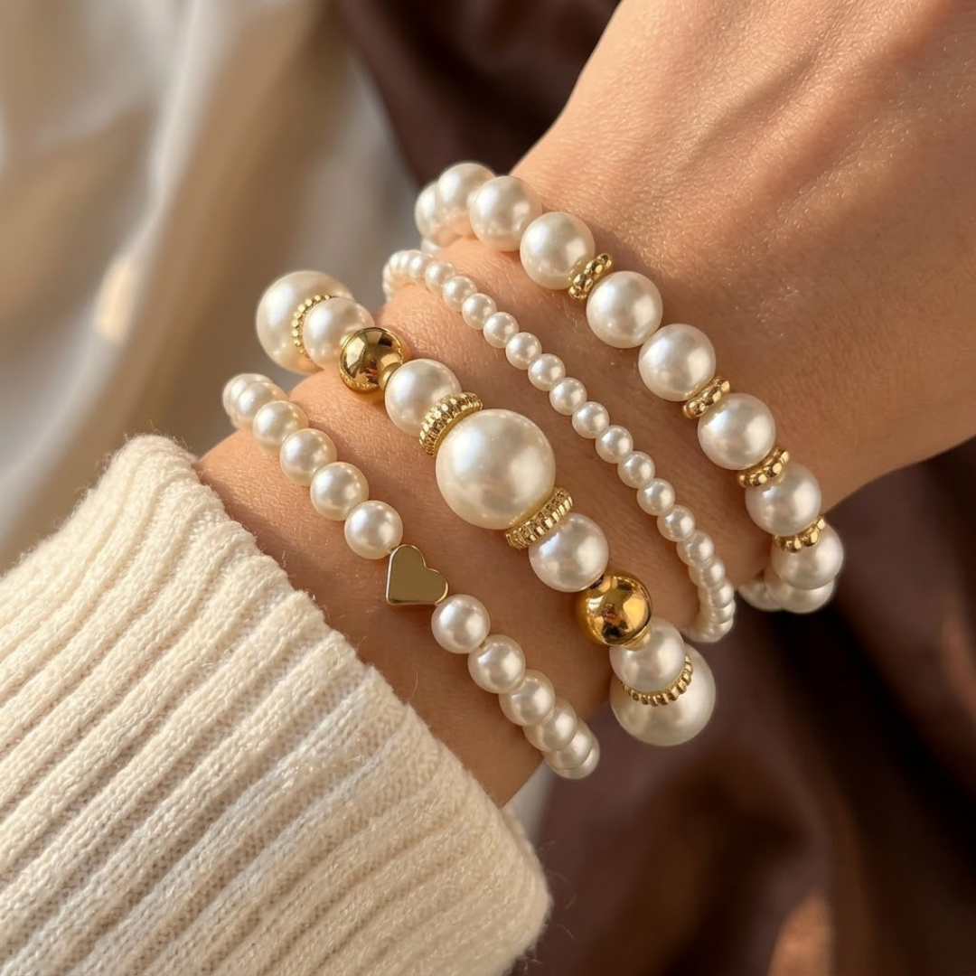 Set de Pulseras de Perlas Engarzadas en Oro