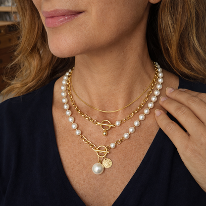 Set de Collar de Cadena Serpiente con Perla Estilo Retro | Oro