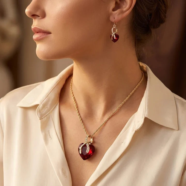 Set de Joyería Corazón Trenzado de Rubí en Oro
