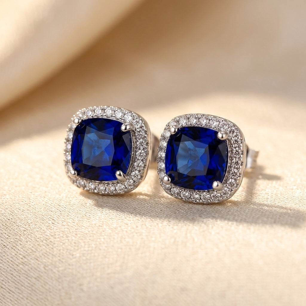 Pendientes Halo de Zafiro en Plata