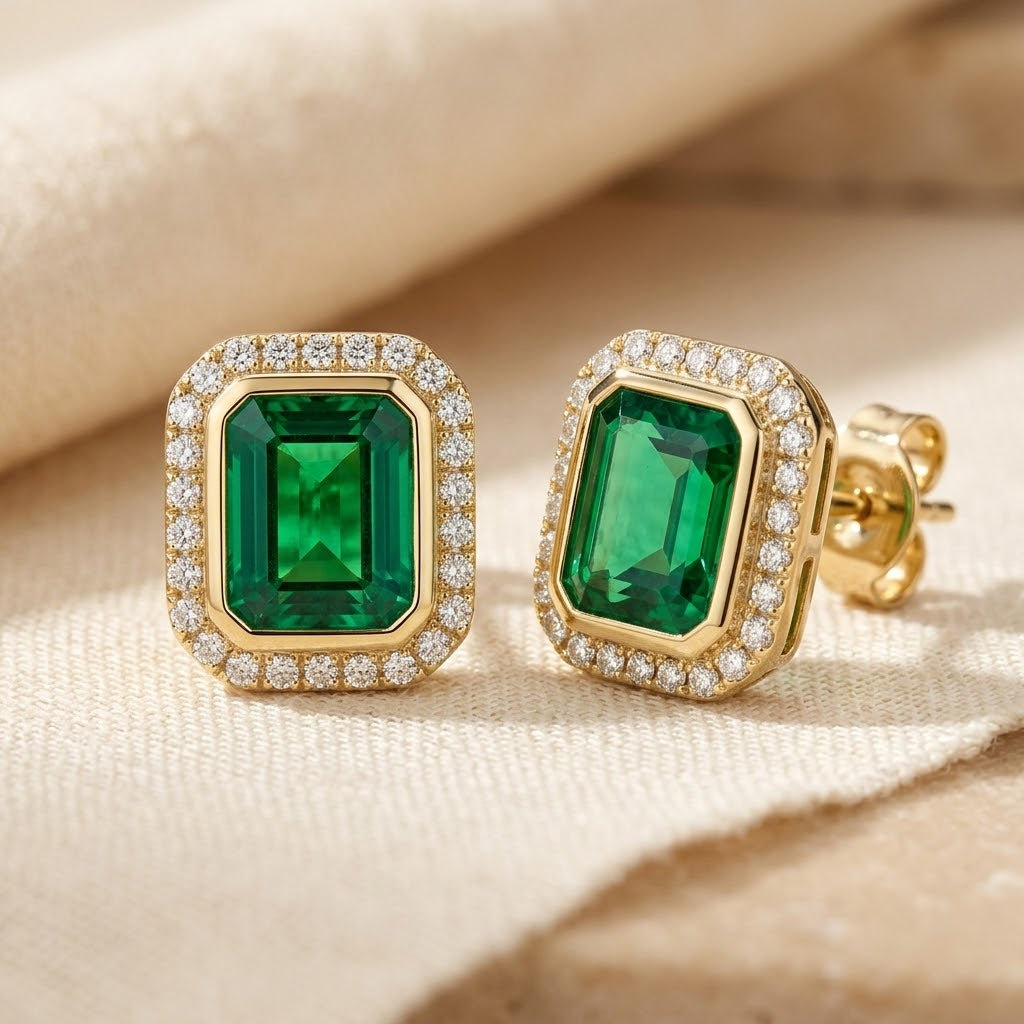 Pendientes Halo Cuadrado de Esmeralda en Oro