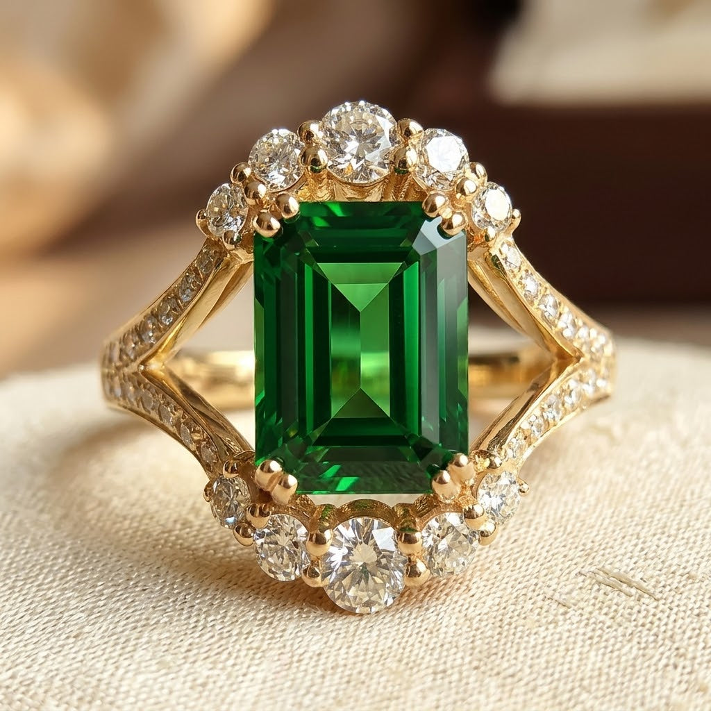 Anillo Halo de Esmeralda en Oro