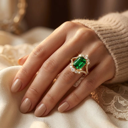 Anillo Halo de Esmeralda en Oro