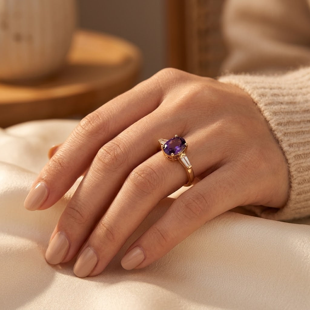 Anillo Tres Piedras de Amatista en Oro