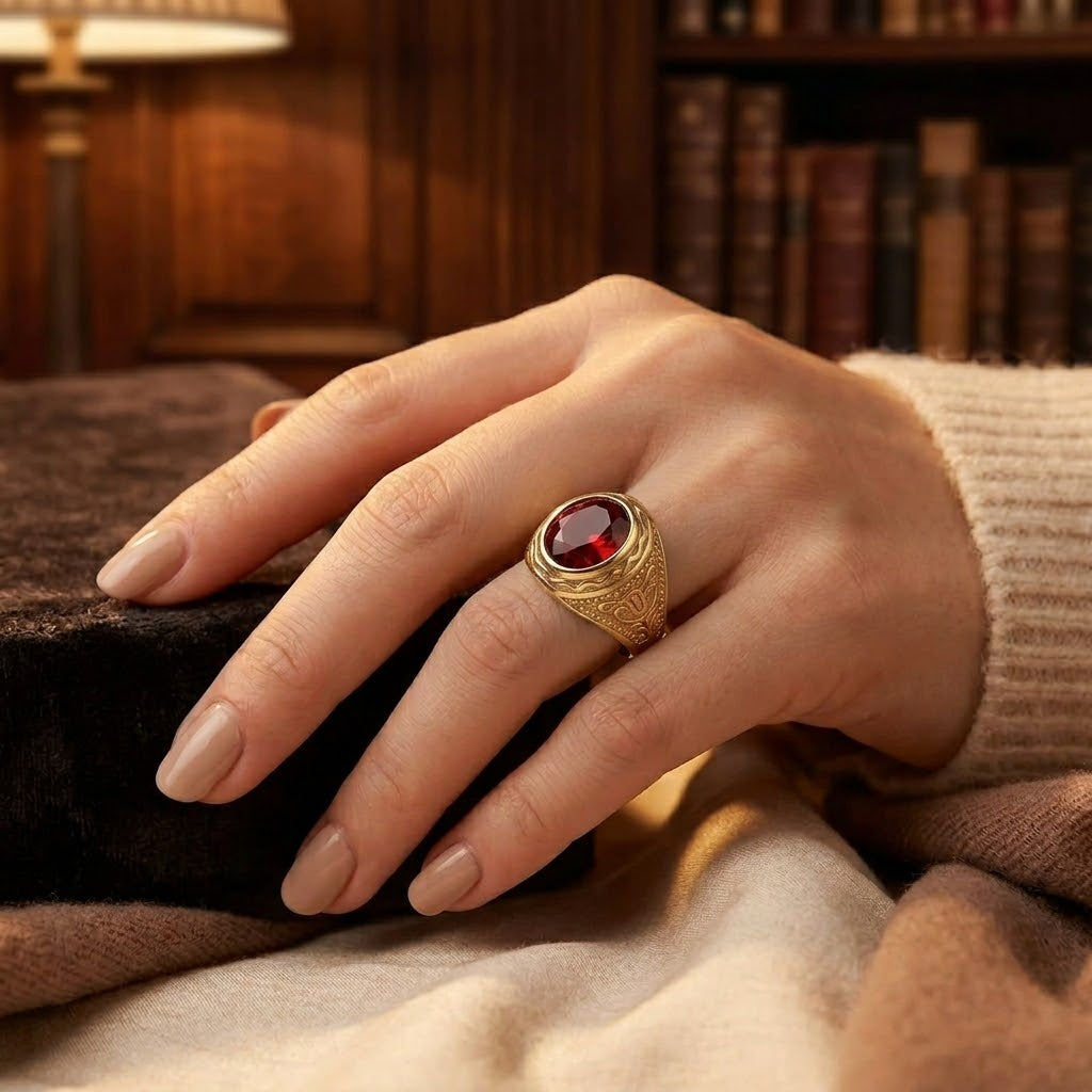 Anillo Grabado de Rubí en Oro