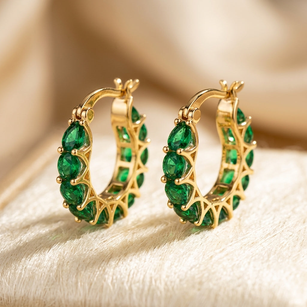 Pendientes Aro Celosía de Esmeralda en Oro