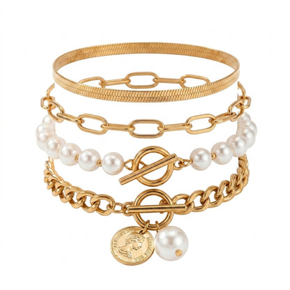 Set de Pulseras Chic de 4 Piezas - Serpiente, Perlas y Eslabones | Oro