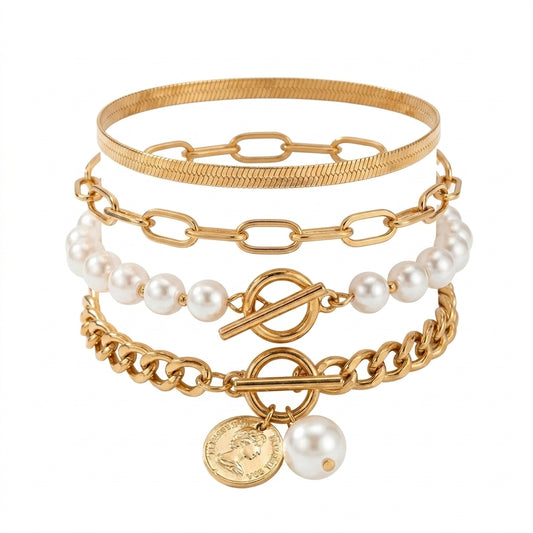 Set de Pulseras Chic de 4 Piezas - Serpiente, Perlas y Eslabones | Oro