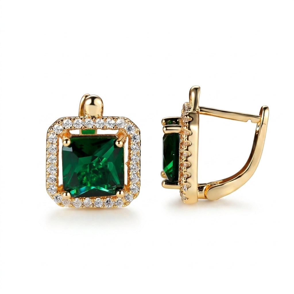 Aretes de Zirconia Cuadrada Verde Dorado | Oro