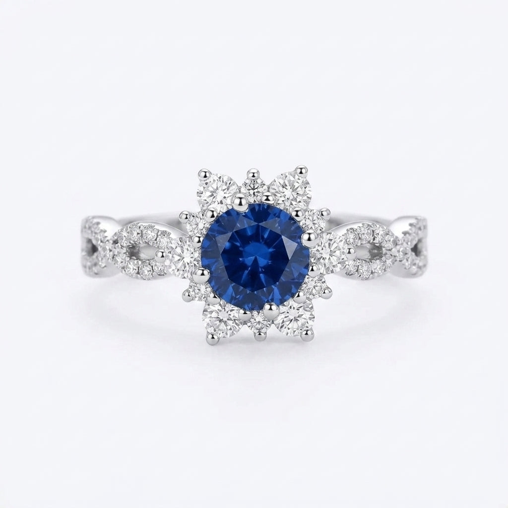 Anillo de Flor de Zafiro y Cristal | Oro Blanco