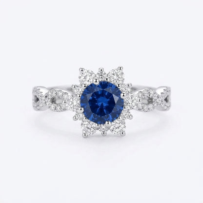 Anillo de Flor de Zafiro y Cristal | Oro Blanco