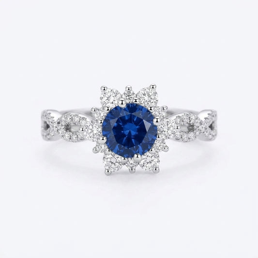 Anillo de Flor de Zafiro y Cristal | Oro Blanco