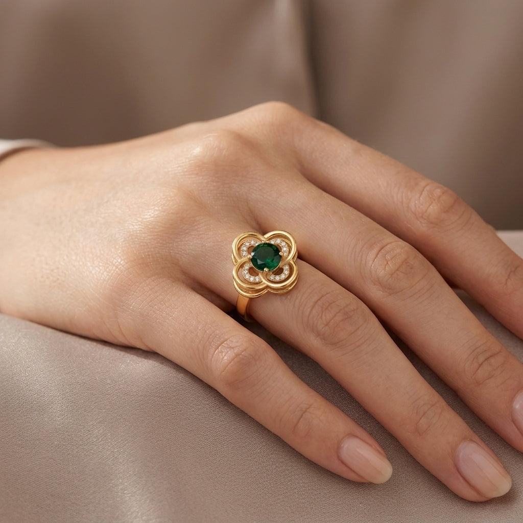 Anillo Giratorio Halo de Trébol de Esmeralda | Oro