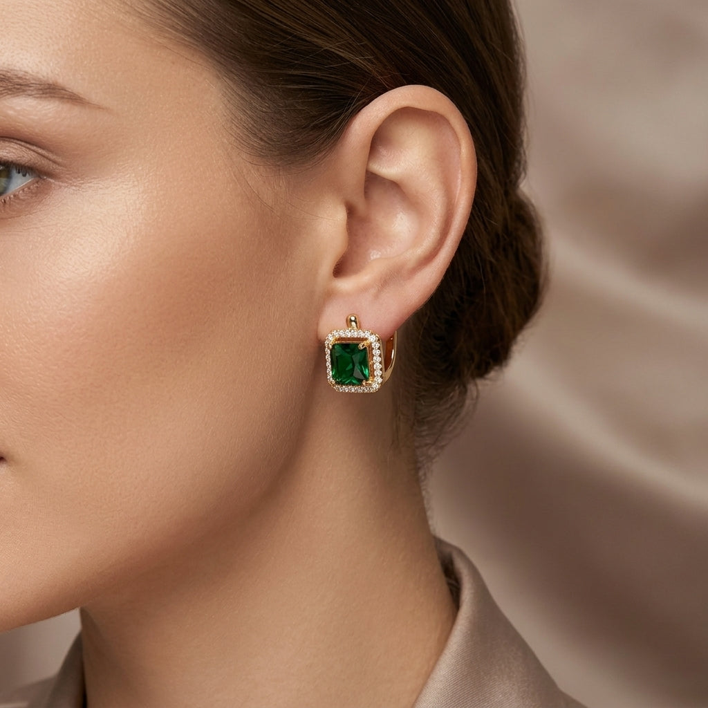 Aretes de Zirconia Cuadrada Verde Dorado | Oro