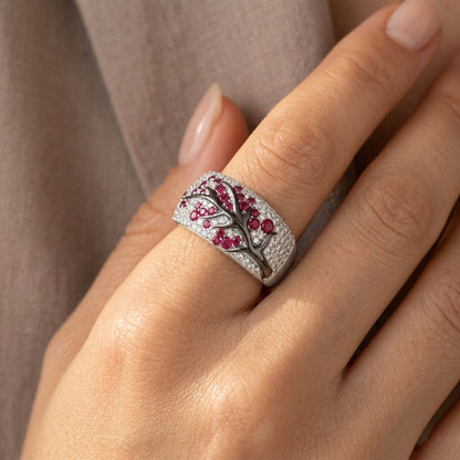 Anillo Árbol de Flores de Rubí | Oro Blanco