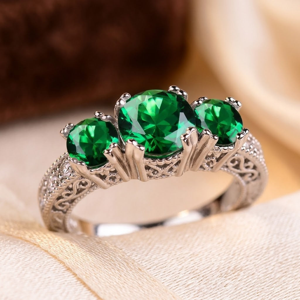 Anillo Tres Piedras de Esmeralda en Plata