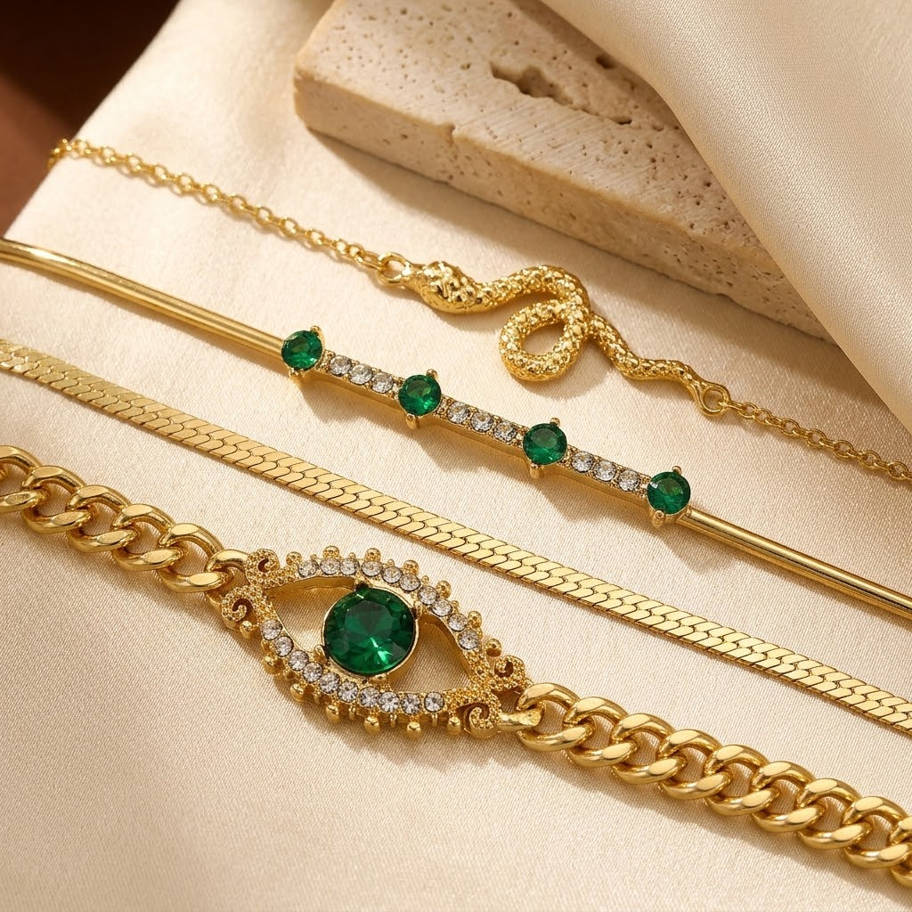 Set de Pulseras Charm de Esmeralda en Oro