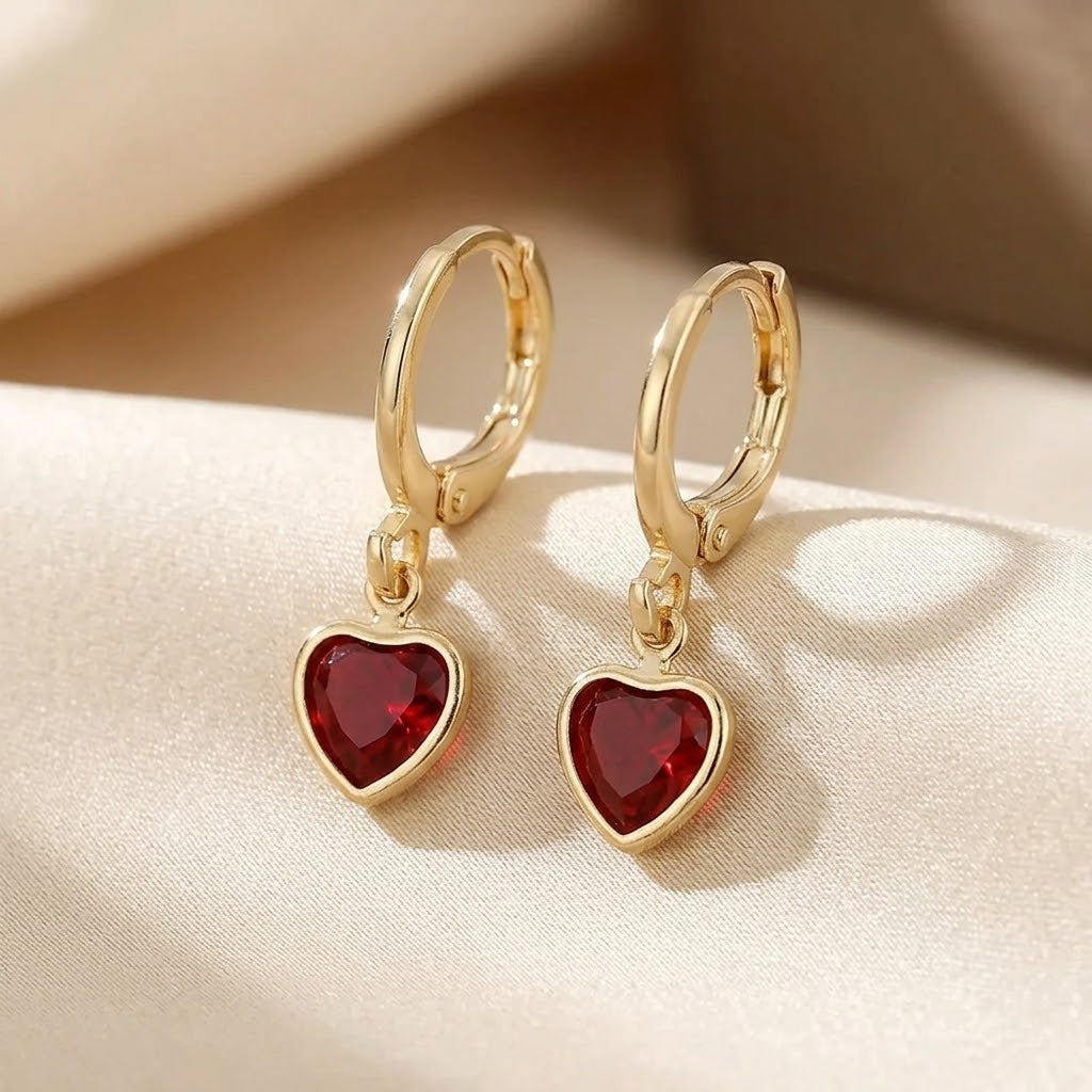 Pendientes Colgantes Corazón de Rubí en Oro