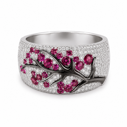 Anillo Árbol de Flores de Rubí | Oro Blanco