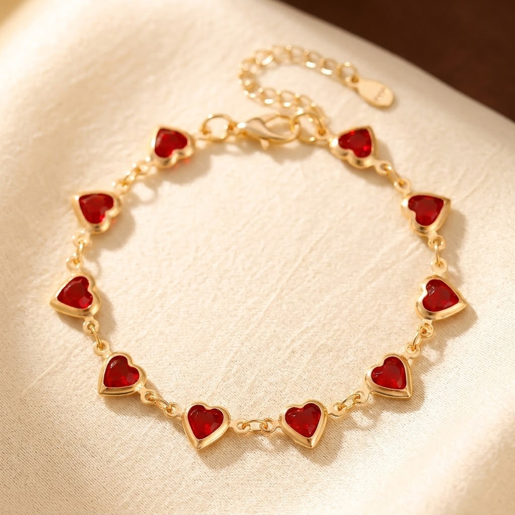 Pulsera Cadena Corazón de Rubí en Oro