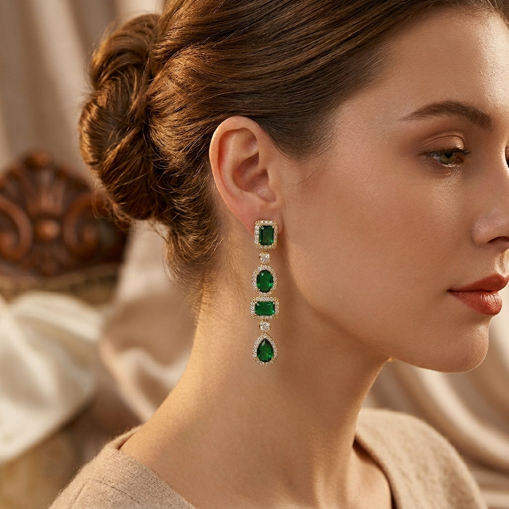 Pendientes Colgantes Multiformas de Esmeralda en Oro
