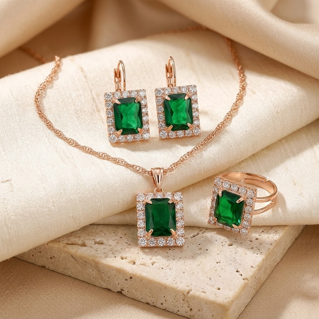 Set de Joyería Rectangular de Esmeralda en Oro