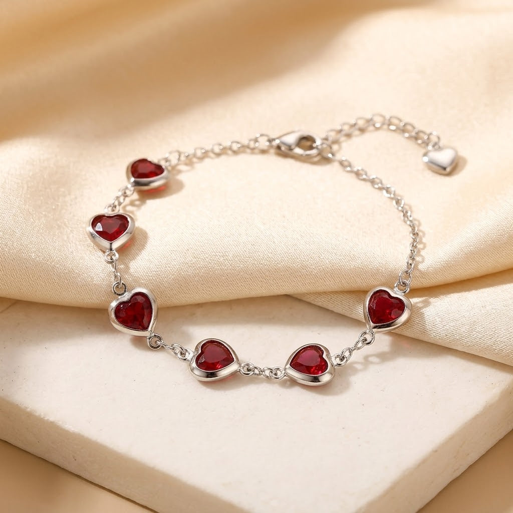 Pulsera Cadena Corazón de Rubí en Plata