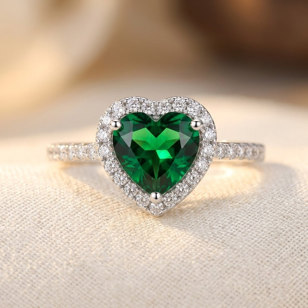 Anillo Halo Corazón de Esmeralda en Plata