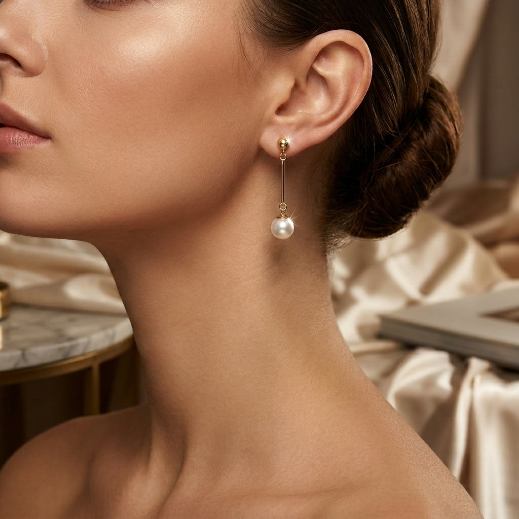 Pendientes Largos Colgantes de Perla en Oro