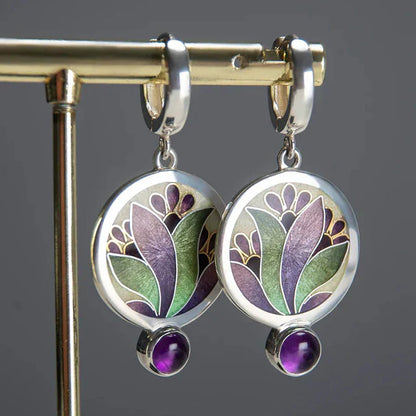 Aretes Boho con Cristales Morados Estilo Vintage | Oro Blanco
