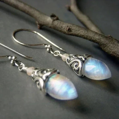 Aretes Colgantes de Piedra Lunar Antiguos | Oro Blanco